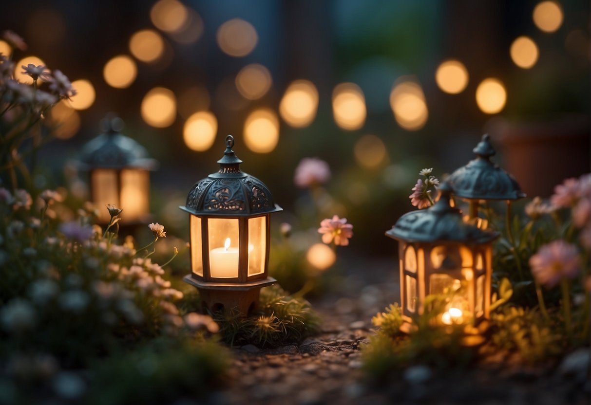 A warm glow emanates from tiny lanterns, casting soft shadows on delicate flowers and miniature furniture in a whimsical fairy garden