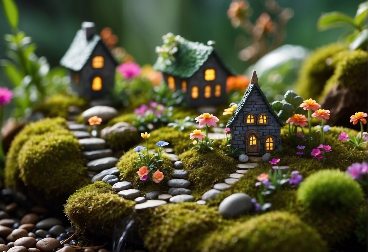 A fairy garden with colorful flowers, tiny houses, and sparkling fairy lights nestled among mossy rocks and a babbling brook