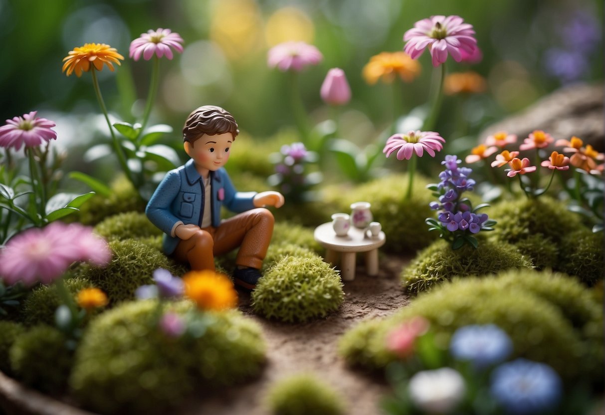 A colorful array of tiny flowers and plants, surrounded by delicate fairy figurines and miniature furniture, all nestled in a charming garden setting