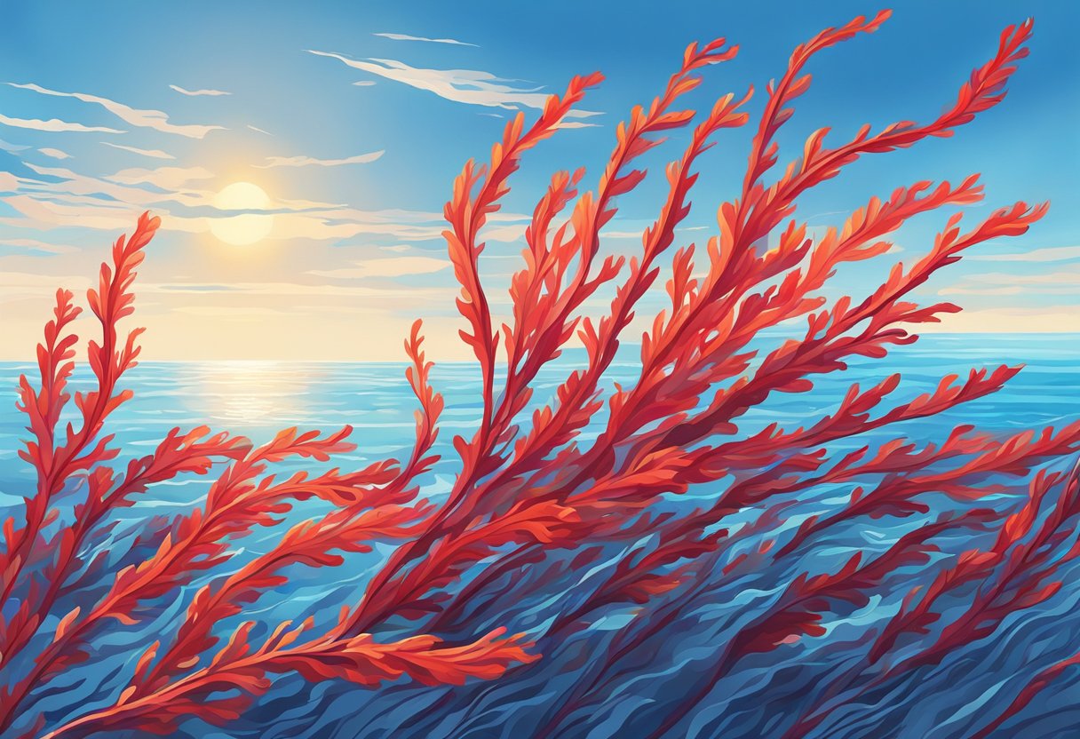 Vibrant red seaweed sways in the clear, sunlit waters, creating a striking contrast against the blue ocean backdrop