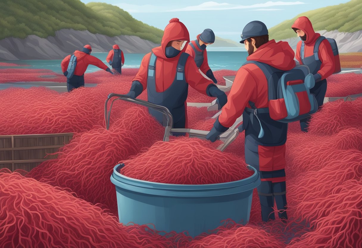 Red seaweed is harvested by workers in wetsuits, then processed into various products like food additives, cosmetics, and pharmaceuticals