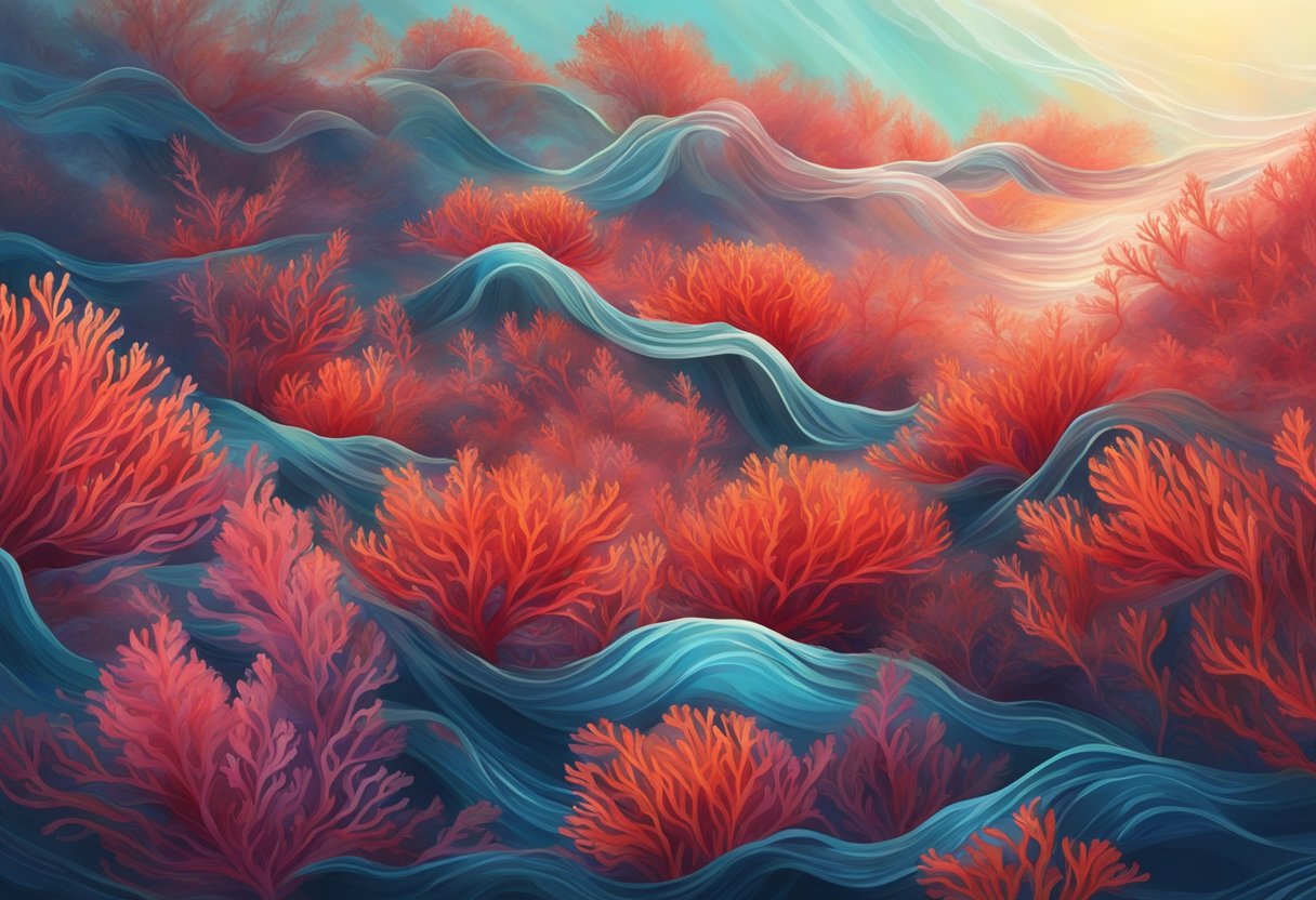 Vibrant red seaweed sways in the gentle currents, creating a mesmerizing underwater landscape