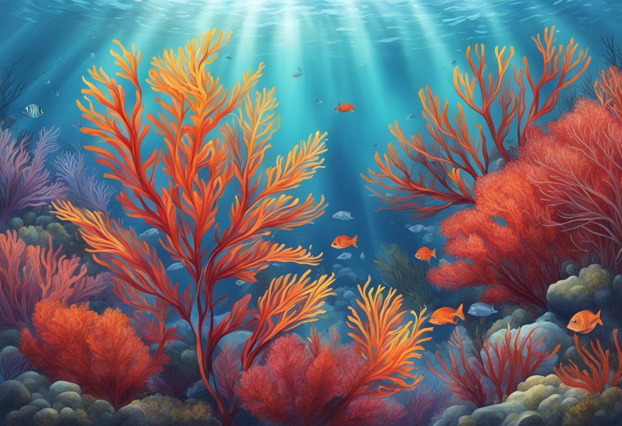 Vibrant red seaweed sways in the clear ocean water, providing a habitat for marine life and contributing to the overall biodiversity of the underwater ecosystem
