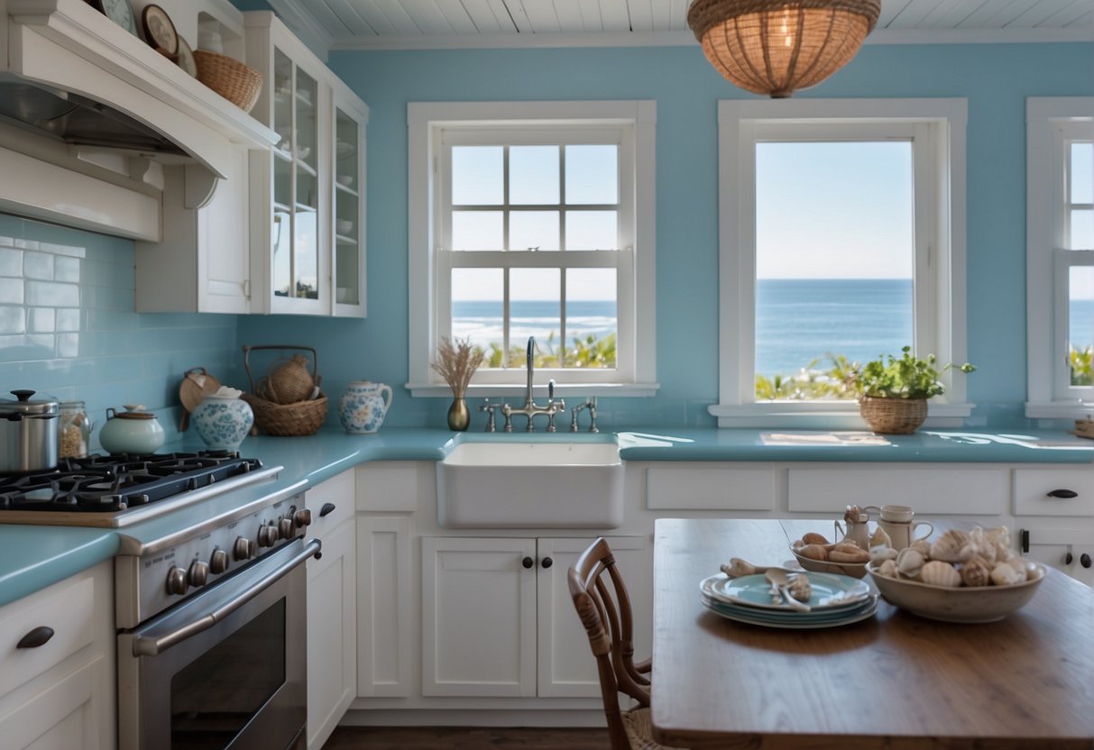 A coastal kitchen with light blue walls, white cabinets, and nautical decor. A large window overlooks the ocean, and a wooden table is set with seashell and driftwood accents