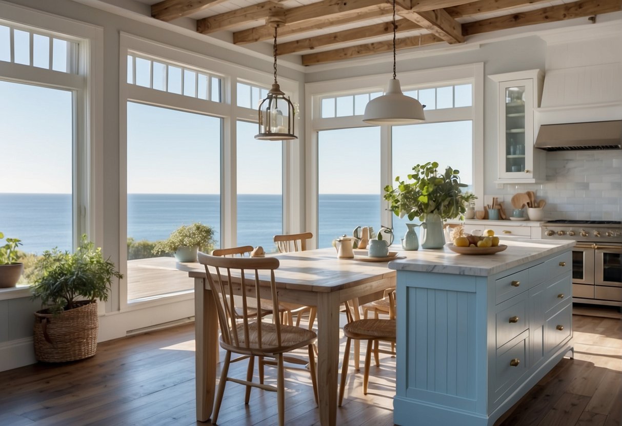 A bright, airy kitchen with white cabinets, light blue accents, and natural wood elements. Large windows overlook the ocean, letting in plenty of natural light. A rustic dining table is set with nautical-themed decor