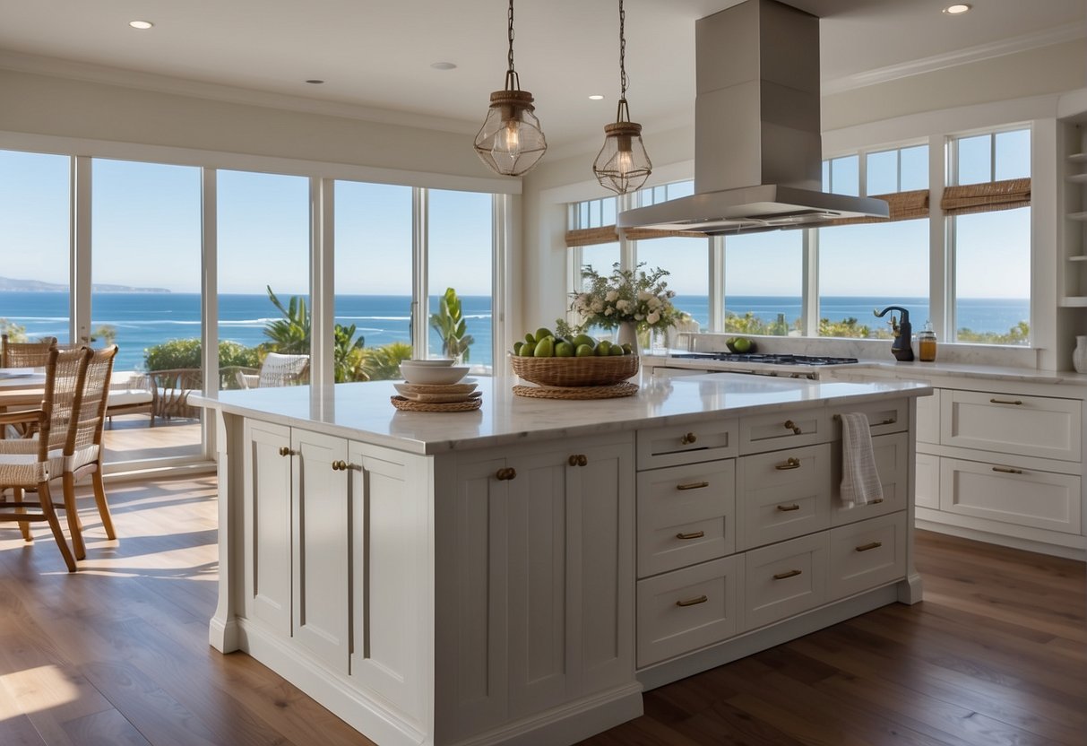 A spacious coastal kitchen with white cabinets, a large center island, and ocean-themed decor. The layout includes ample storage and a view of the ocean through the windows