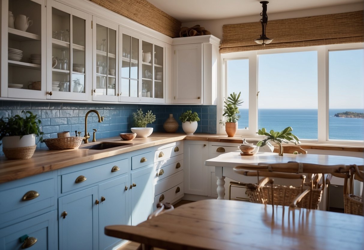 A coastal kitchen with white cabinets, blue accents, and natural wood furniture overlooking the ocean