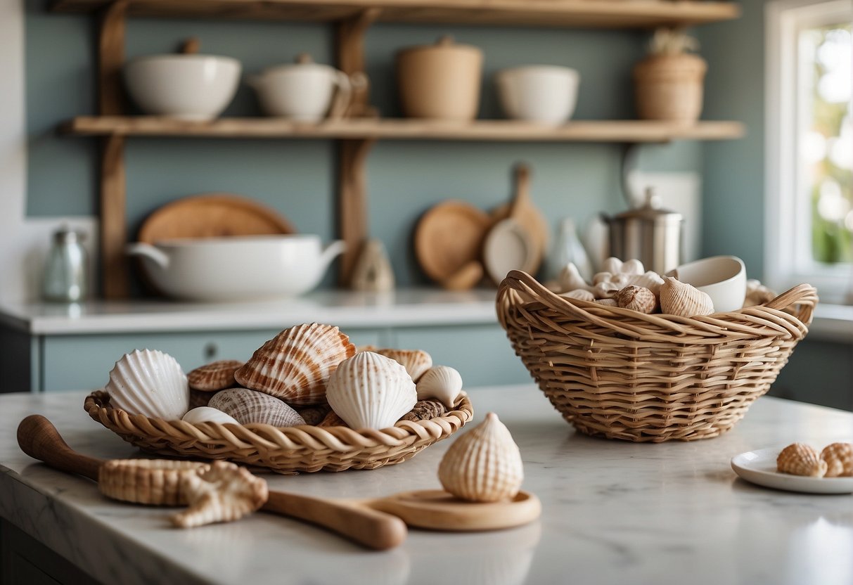 A coastal kitchen with nautical-themed decor, including seashell and starfish accents, a light color palette, and natural textures like driftwood and woven baskets