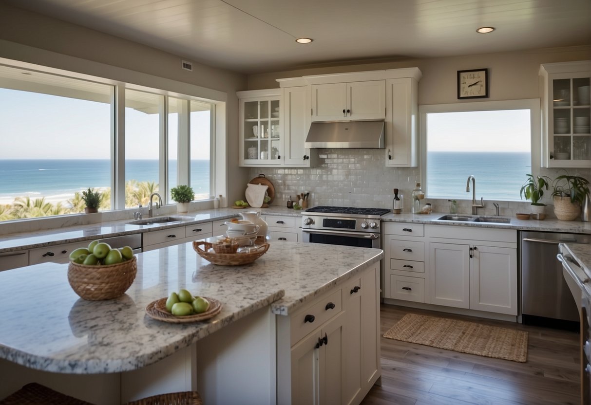 A coastal kitchen with modern appliances, light-colored cabinets, and a large island with bar stools. A window overlooks the ocean, and the room is decorated with beach-themed accents