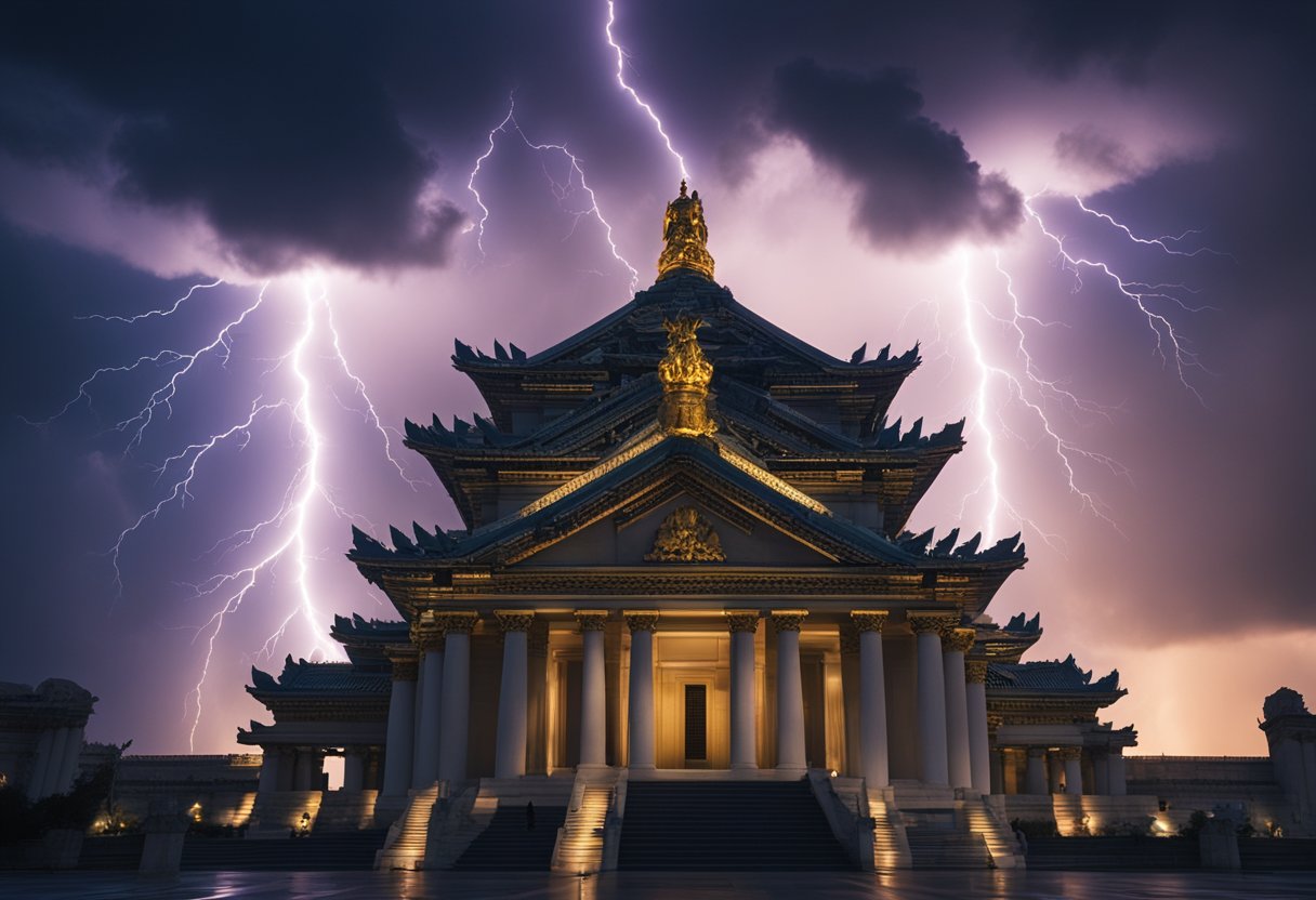 Bright lightning bolts strike behind a grand temple, with Zeus's powerful figure looming above, surrounded by majestic eagles and thunderclouds