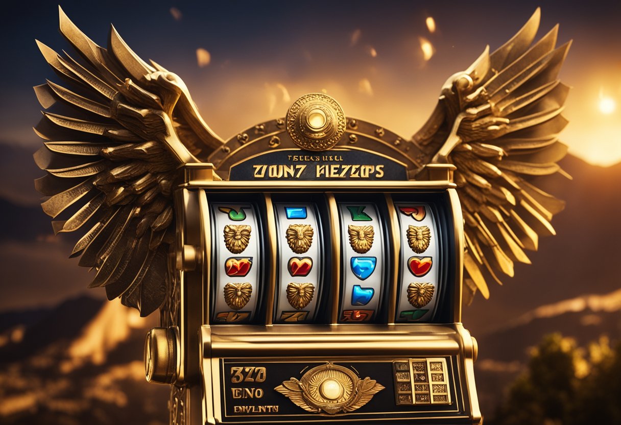 A majestic Zeus slot machine glowing with golden light, surrounded by ancient Greek symbols and thunderbolts, set against a backdrop of Mount Olympus