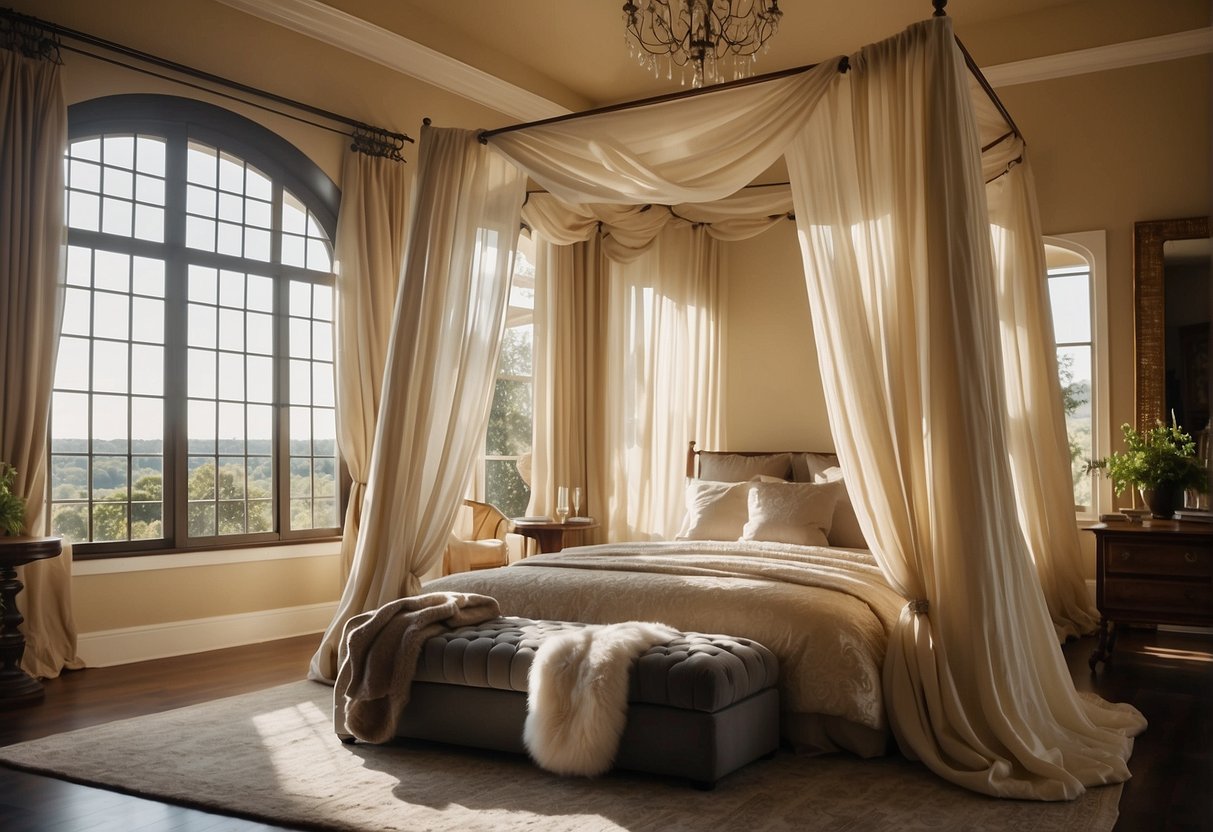 A luxurious canopy bed sits in a sunlit room, adorned with flowing curtains and plush pillows, creating an inviting and cozy atmosphere
