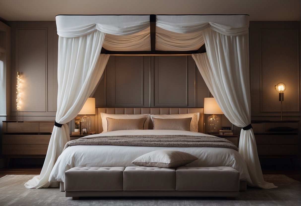 A luxurious canopy bed with plush bedding, soft lighting, and functional storage underneath