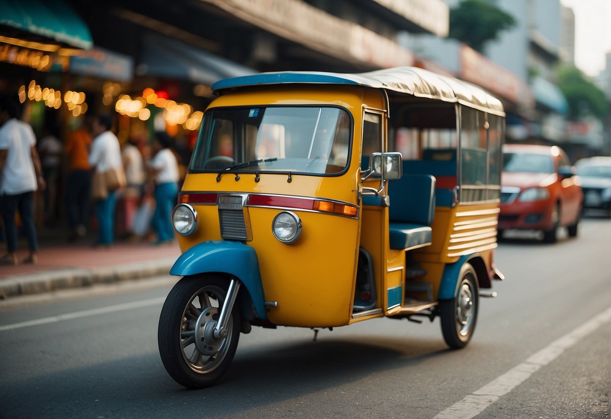 A colorful tuk tuk weaves through the bustling streets of Thailand, with vibrant slot machines lining the sidewalks