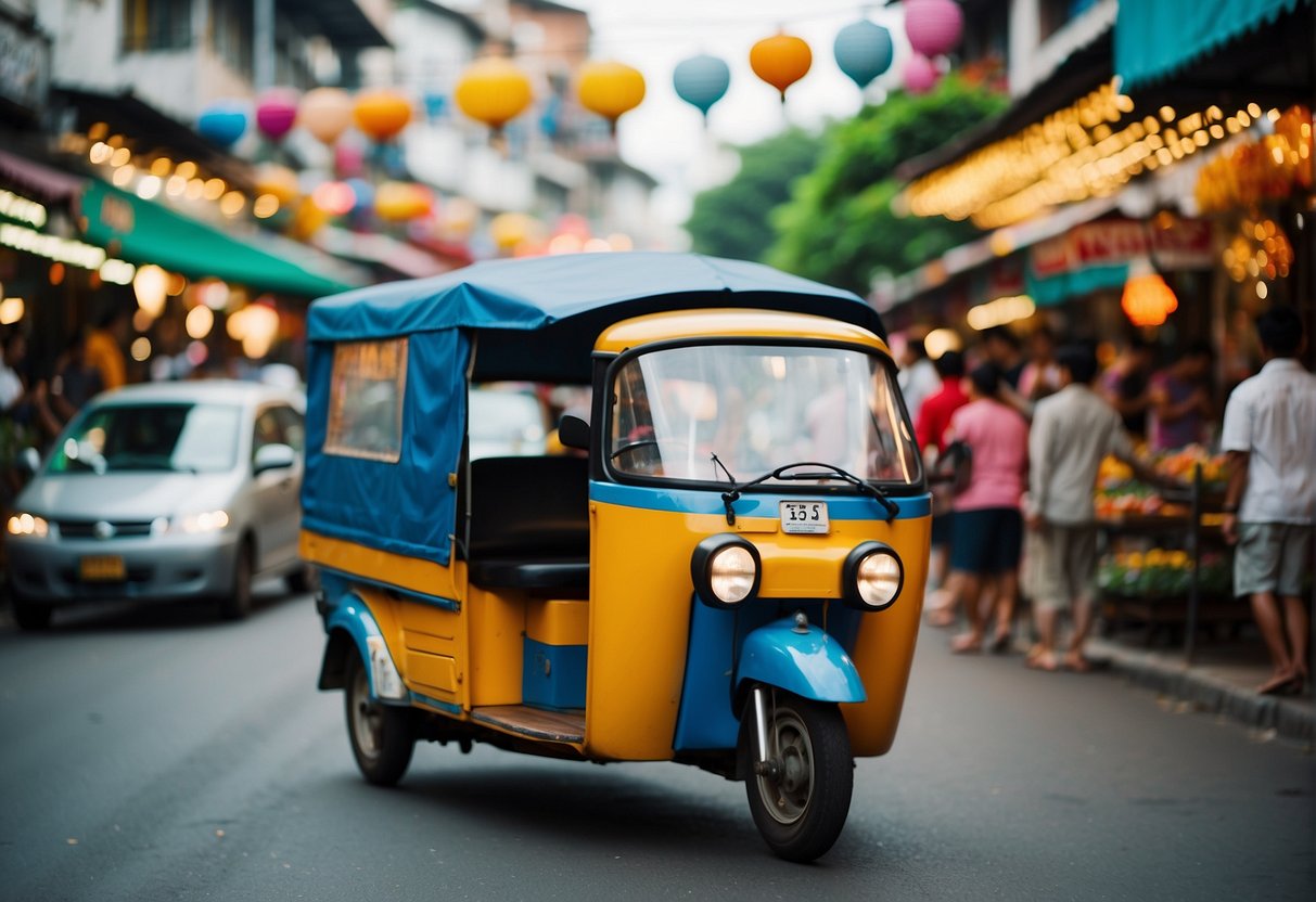 A colorful Tuk Tuk zooms through bustling streets of Thailand, surrounded by vibrant markets and ornate temples