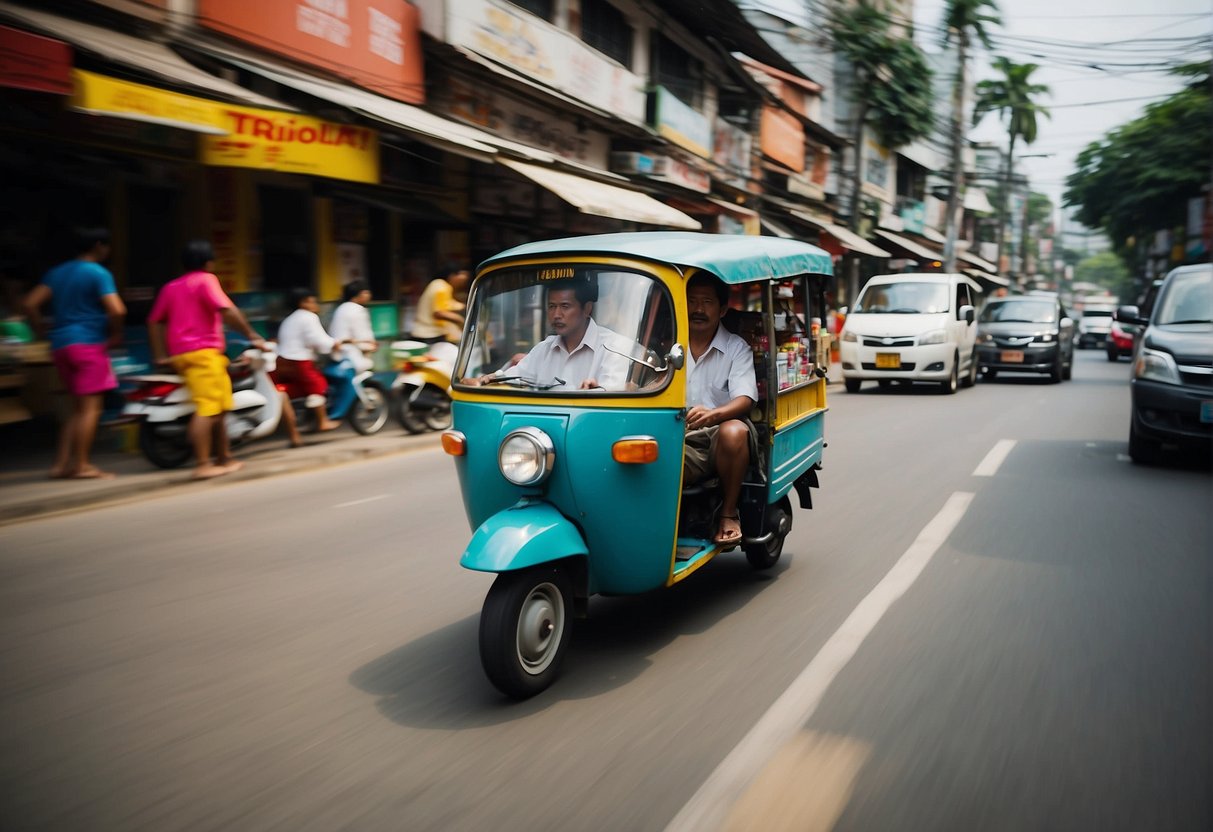 A colorful Tuk Tuk zooms through bustling streets of Thailand, surrounded by vibrant street vendors and ancient temples