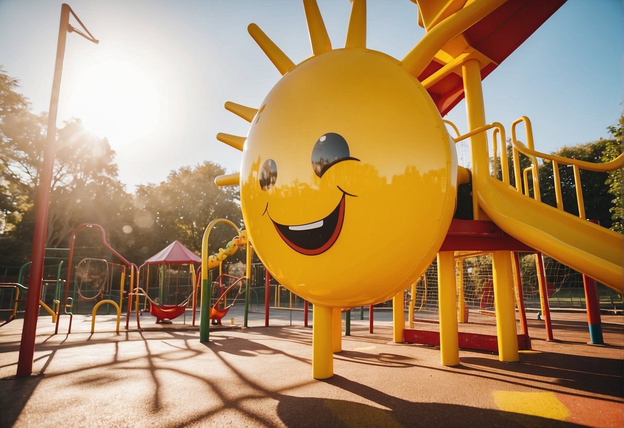 A bright yellow sun shines over a playground with colorful play equipment and children laughing and playing