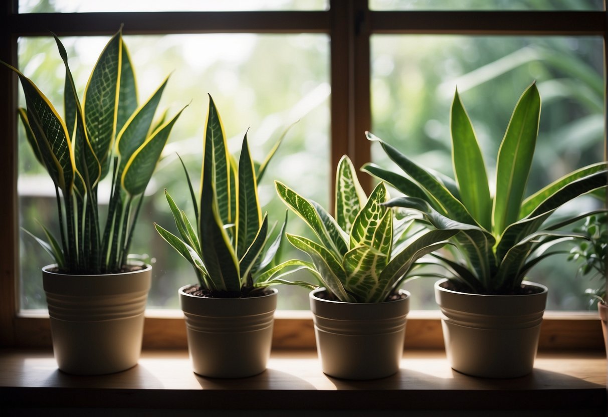 A variety of snake plants arranged in pots, displaying different leaf shapes and colors. Light filters through a window, casting soft shadows on the foliage