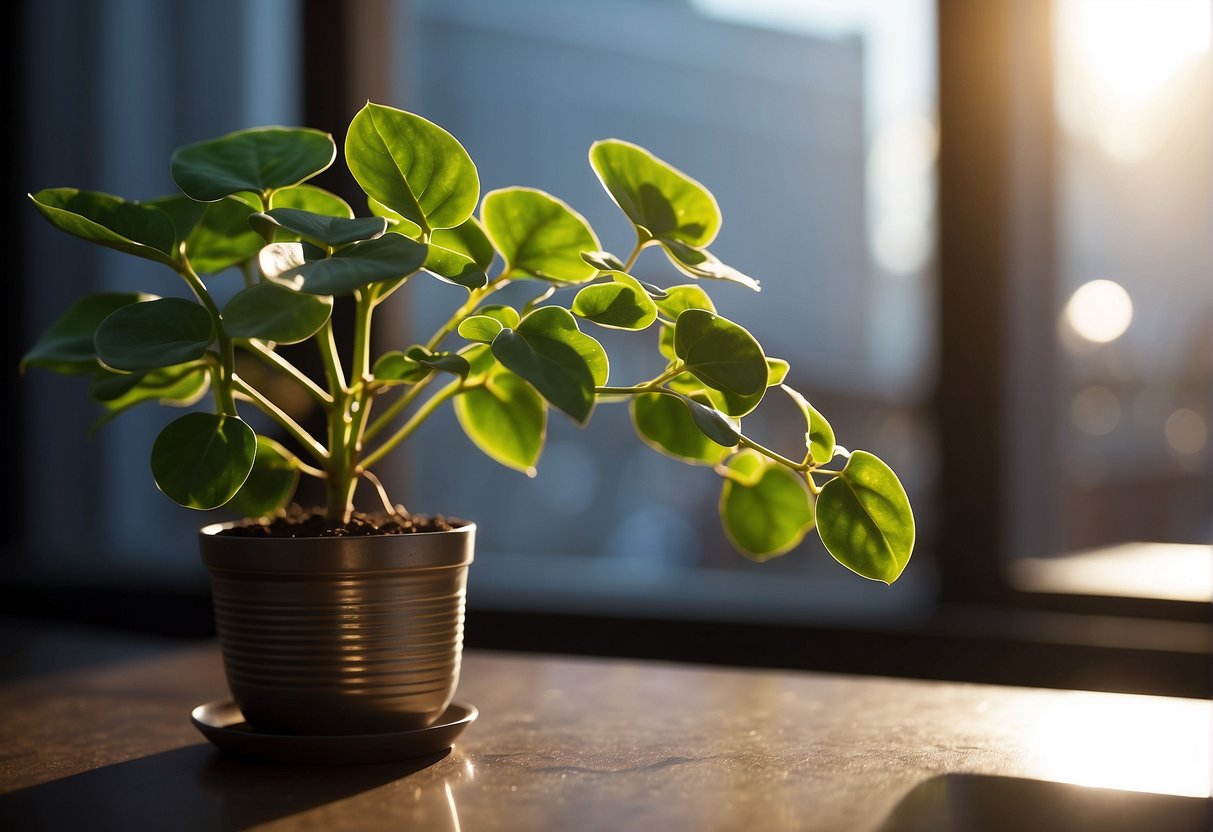 A money plant sits in a bright, indirect light. It is watered once a week, with well-draining soil. The leaves are dusted and trimmed regularly