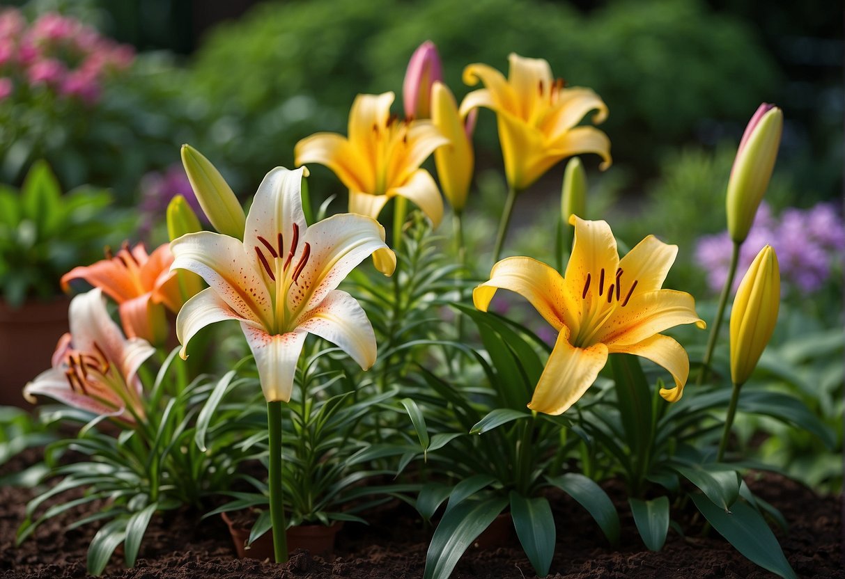 Various lily plant types arranged in a garden bed, including Asiatic, Oriental, and trumpet lilies. Bright colors and different heights create a visually appealing display