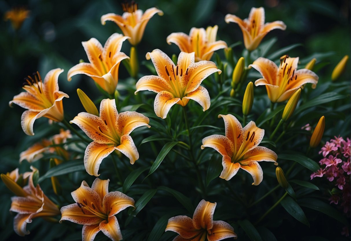 Vibrant lily flowers arranged in a variety of colors and shapes, surrounded by lush green leaves and stems