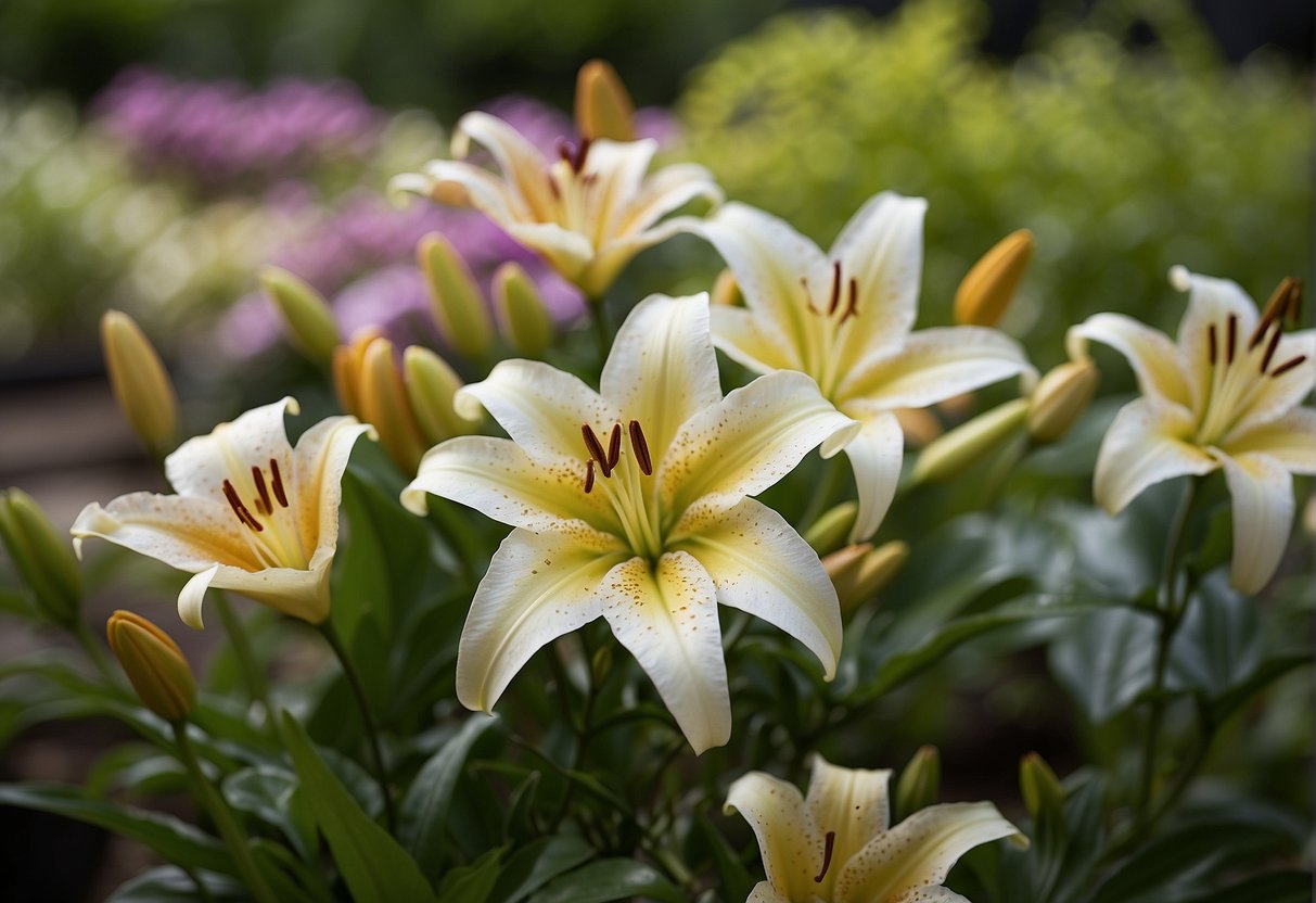 A variety of lily plants arranged in a garden, with labels indicating different types. The plants are healthy and vibrant, showcasing their unique characteristics