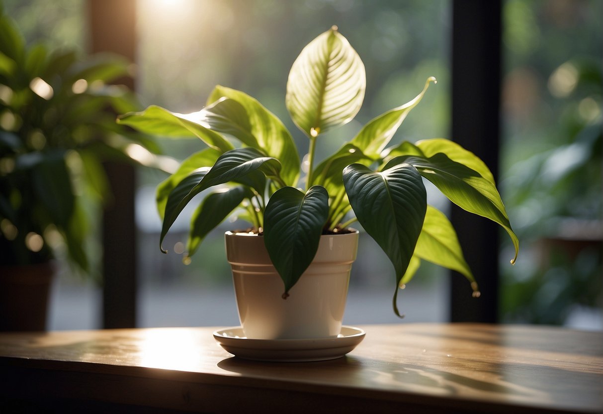 A peace lily plant sits in a bright, indirect light. Its soil is moist, but not waterlogged. A saucer catches excess water. Yellowing leaves are gently removed