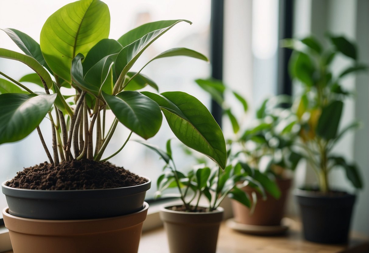 A rubber plant sits in a bright room near a window. Its soil is moist, and it is surrounded by other plants. A small dish collects excess water underneath the pot