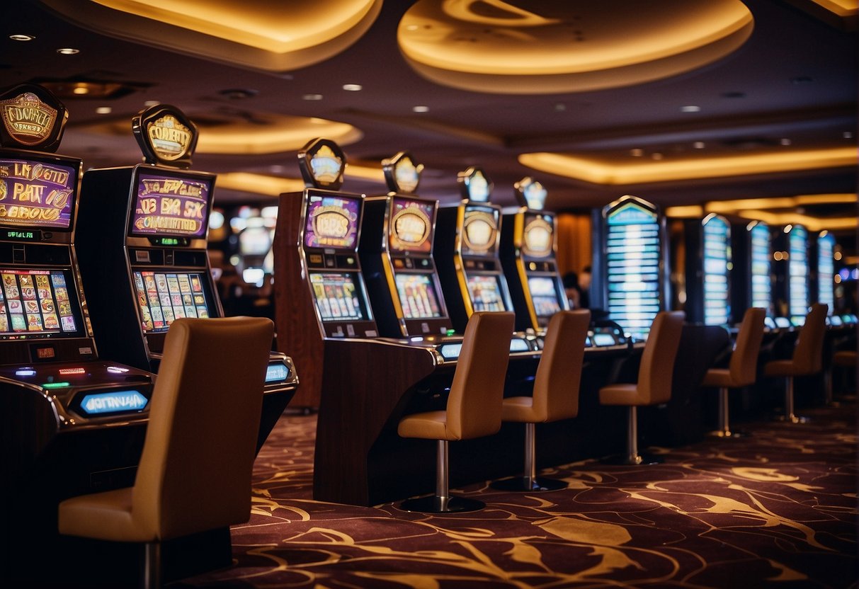 A bustling crypto casino with digital currency transactions, flashy slot machines, and high-stakes poker tables