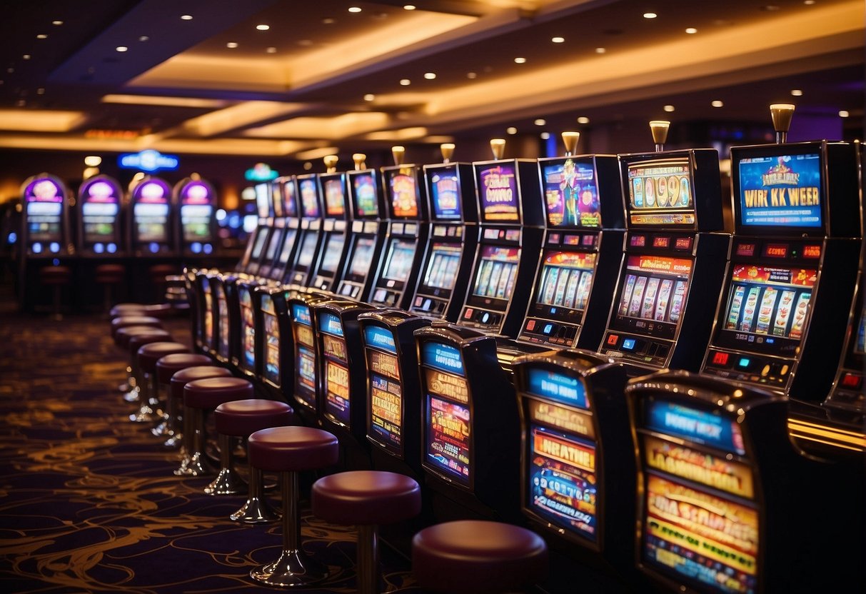 A bustling casino floor with slot machines, card tables, and roulette wheels. Bright lights and colorful displays from various software providers
