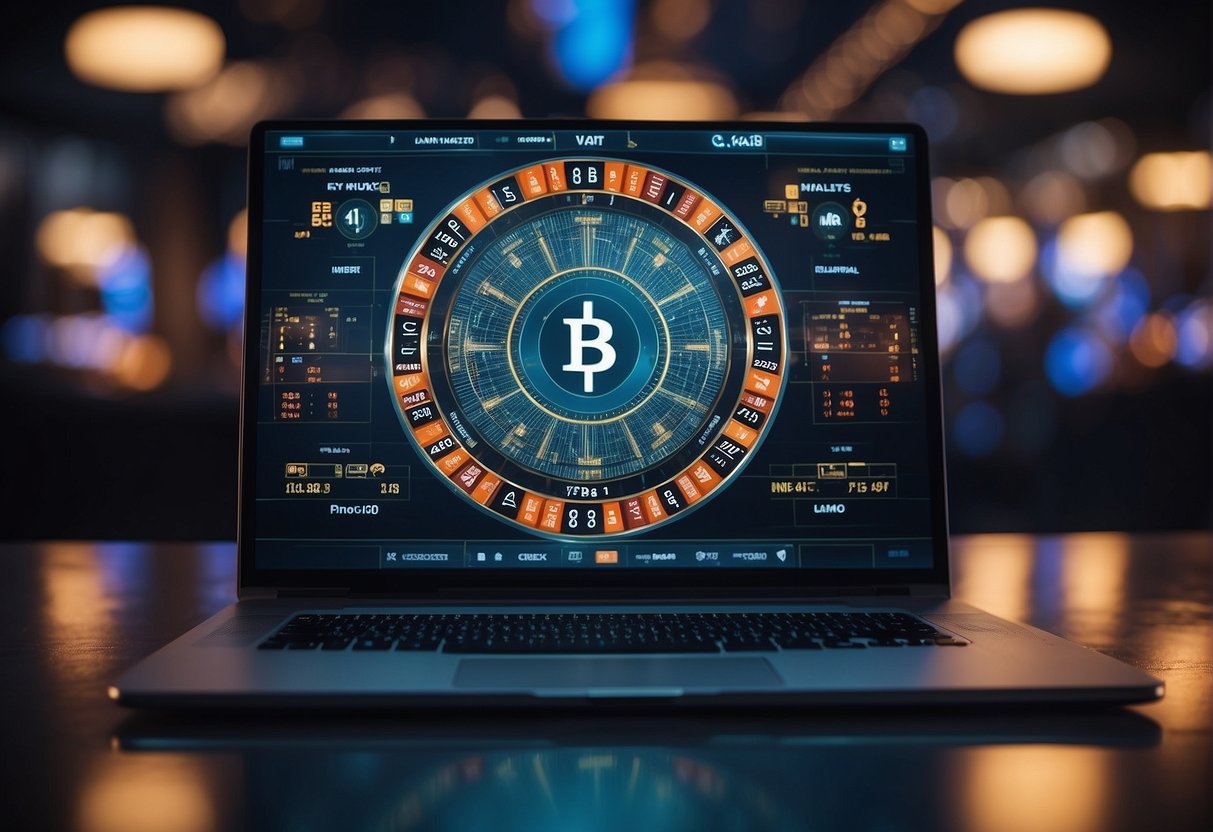 A computer screen displaying a digital casino interface with blockchain symbols and cryptocurrency transactions