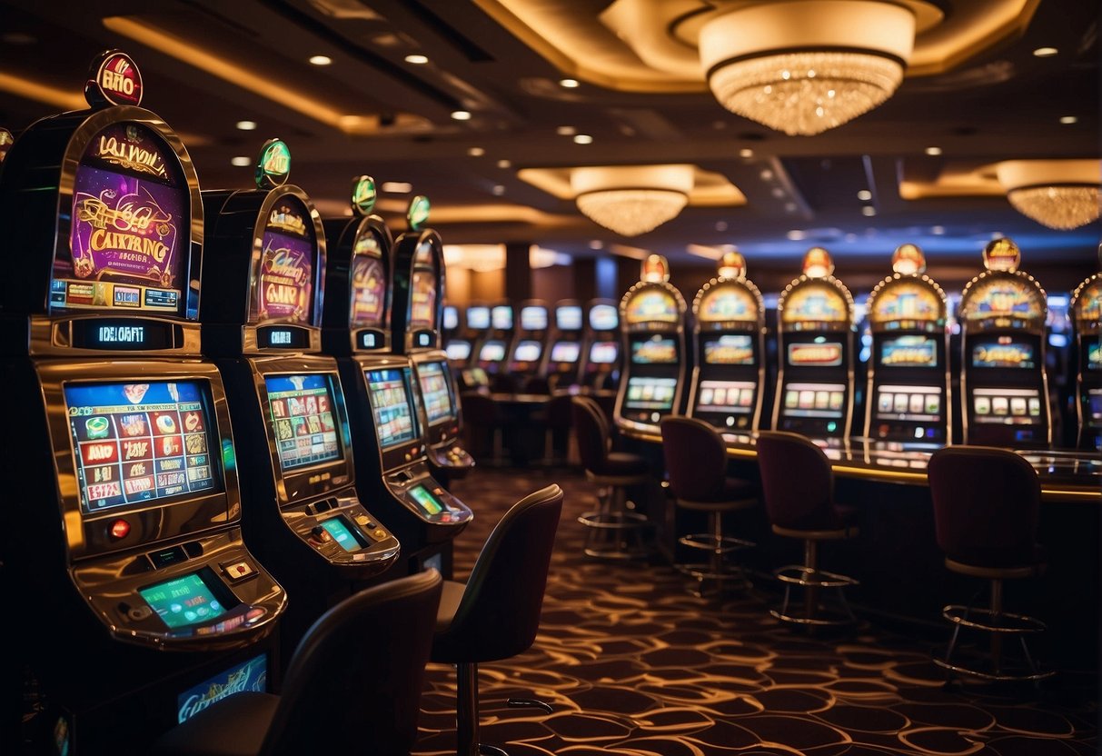 A bustling casino floor with various table games and slot machines, showcasing the integration of crypto payments and software providers