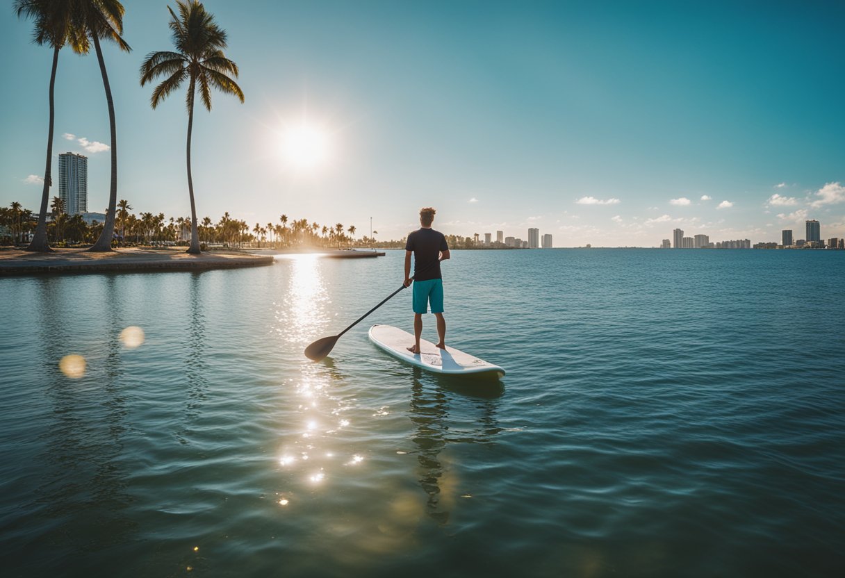 A person stands on a paddleboard in the calm waters of Fort Lauderdale, with palm trees and a clear blue sky in the background