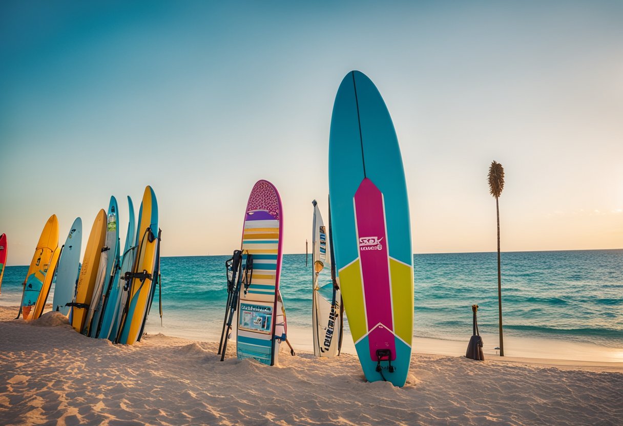 A sunny beach with palm trees and clear blue water. A colorful sign reads "SUP Rentals and Locations SUP Board Fort Lauderdale" stands near a stack of paddleboards