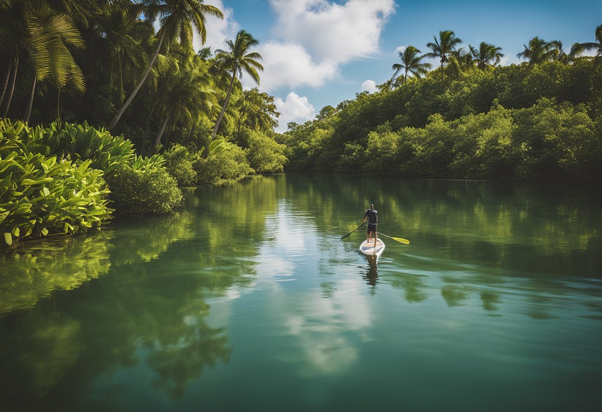A serene river flowing through a lush, tropical landscape with a stand-up paddleboard gliding across the water under the warm Florida sun