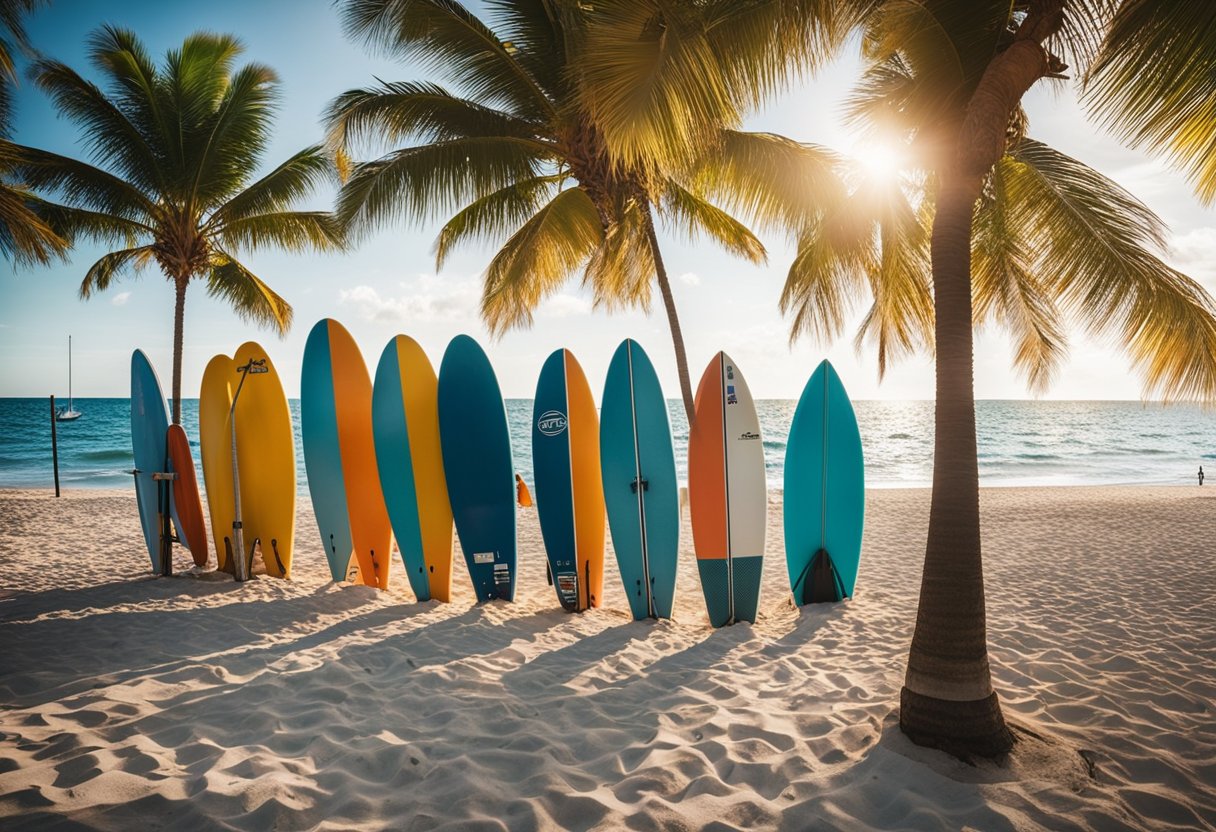 A sunny beach with calm waters, a paddleboard rental stand, and a line of colorful paddleboards along the shore in Fort Lauderdale