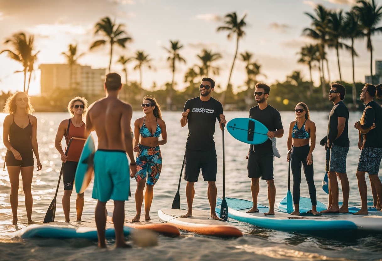 A group of people gather on the shores of Fort Lauderdale, Florida, to paddleboard and socialize. Reviews and recommendations are exchanged as the community enjoys the sunny day on the water