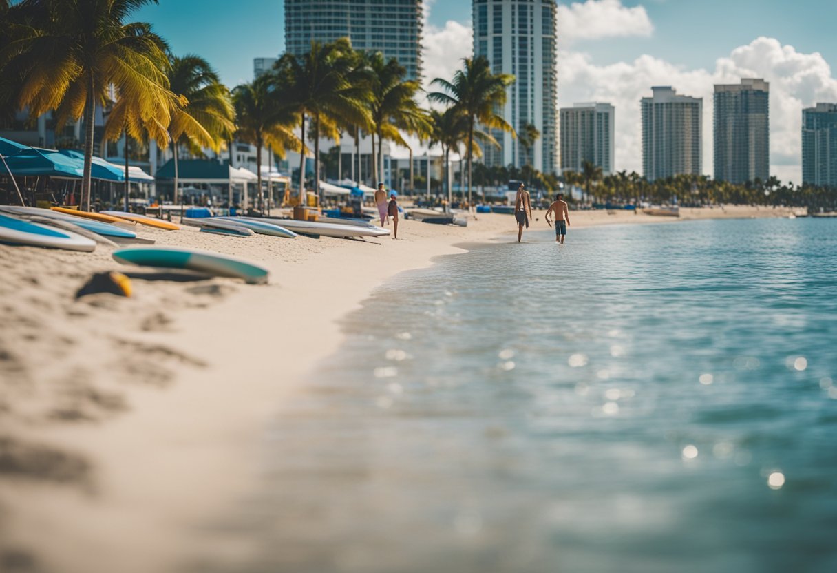 A calm, sunny day on the Fort Lauderdale waterfront, with paddleboards lined up on the shore and people enjoying the water
