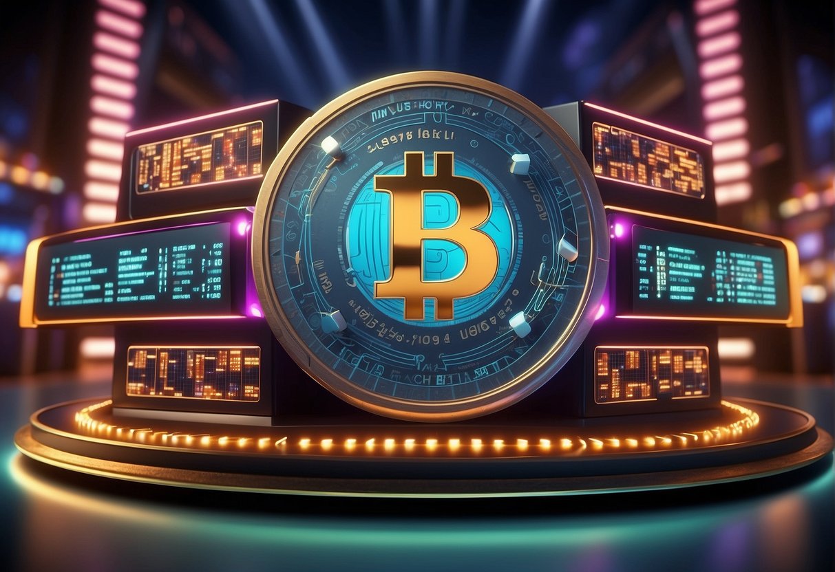 A colorful casino setting with digital currency symbols, bonus signs, and promotional banners. Crypto payment logos featured prominently