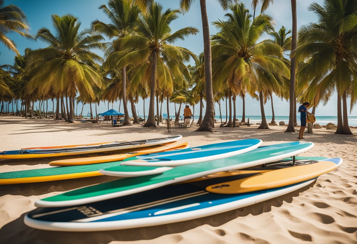 A variety of SUP boards lined up on a beach with palm trees in the background, while a person carefully inspects and maintains one of the boards