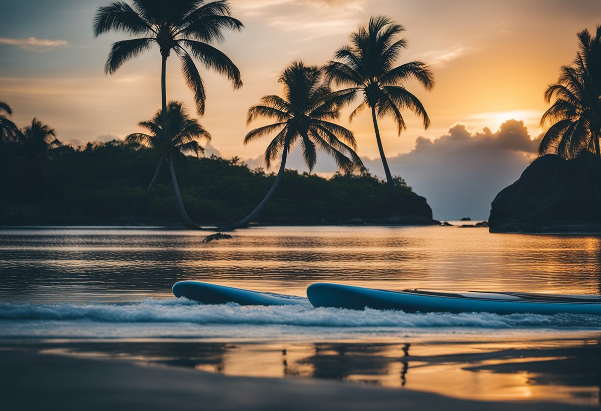 The sun sets over calm waters, palm trees line the shore, and a paddle board rests on the sand