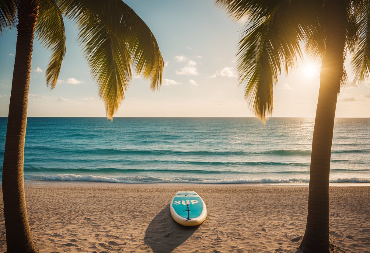 A sunny beach with palm trees, calm ocean waves, and a stand-up paddleboard with "Frequently Asked Questions SUP Board Fort Lauderdale" written on it