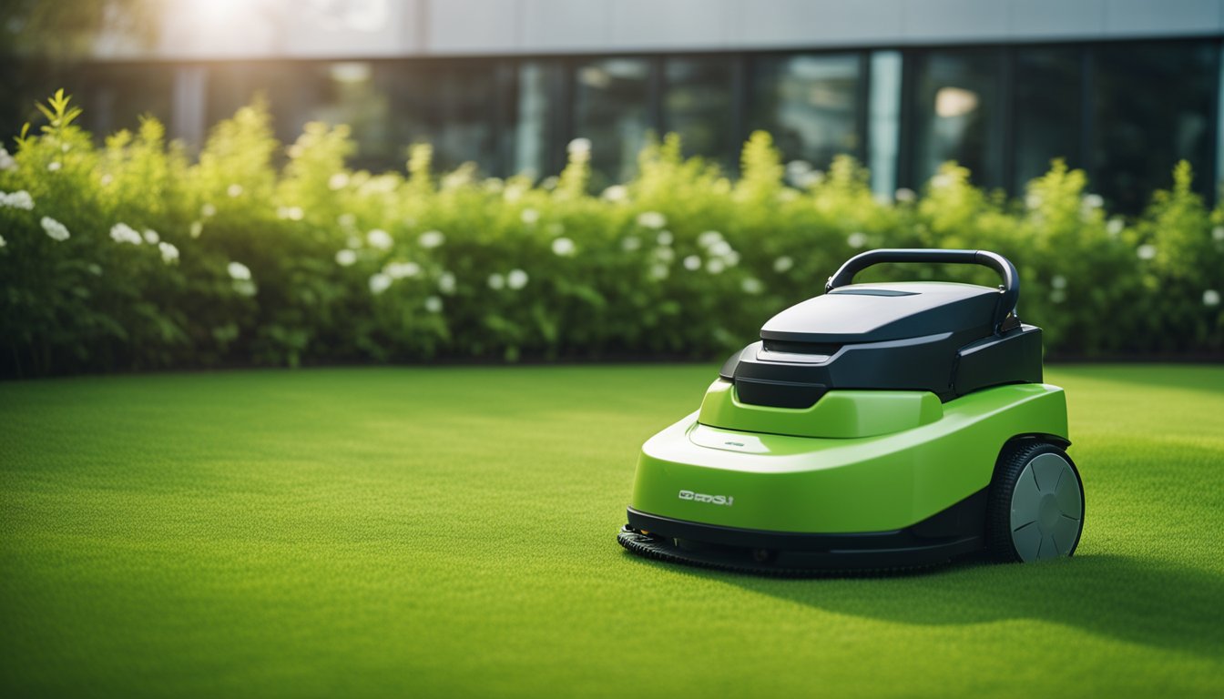 Robotic lawnmowers in a commercial or public setting, cutting grass