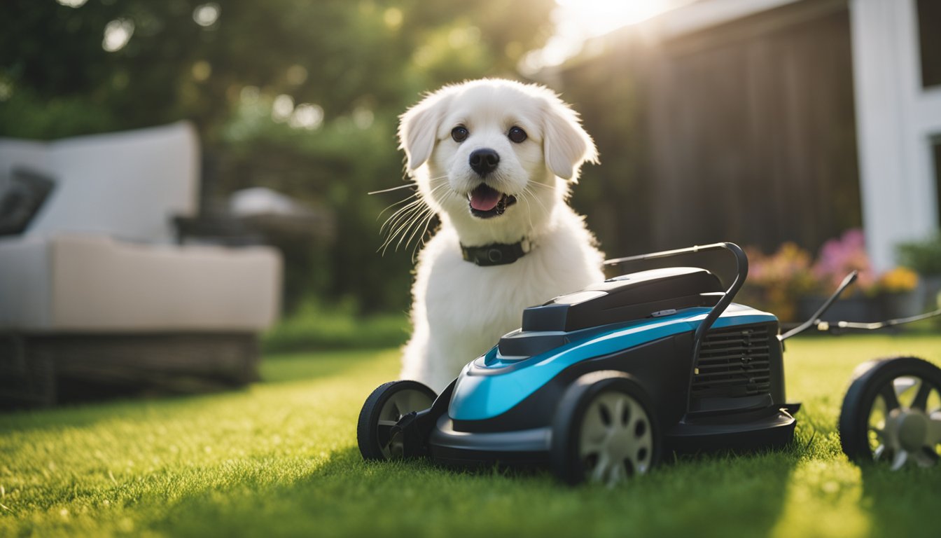 A robot lawnmower surrounded by curious pets, with a cat batting at its moving blades and a dog barking at it