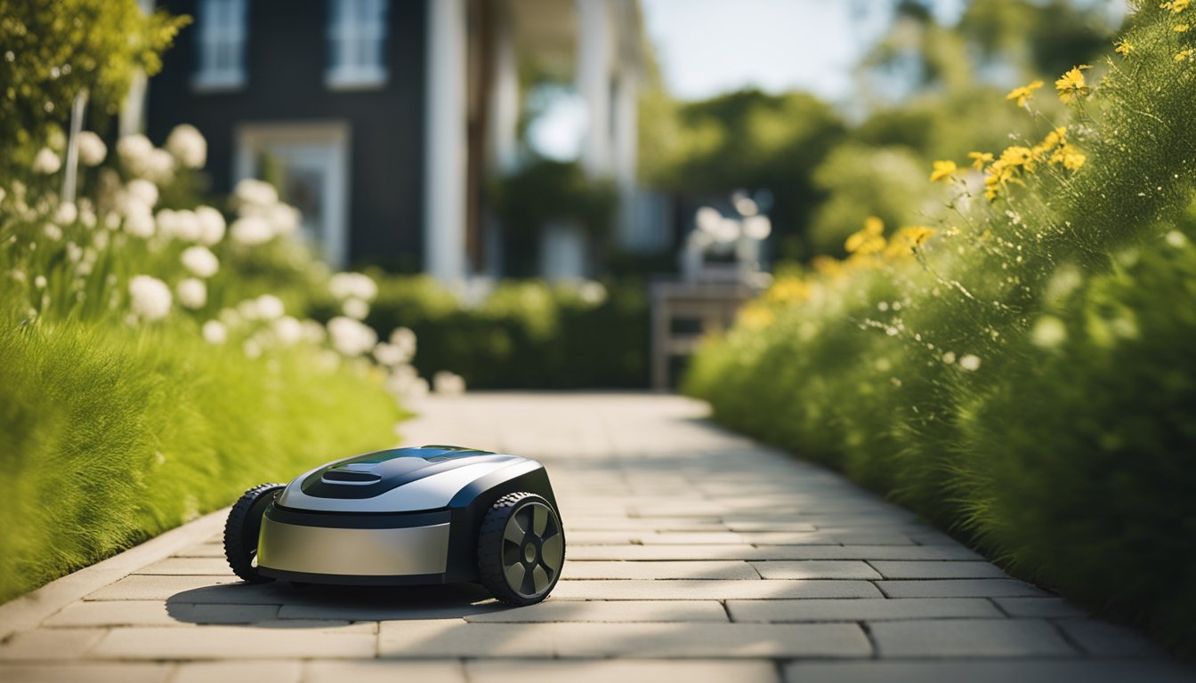 A robot lawnmower navigates through a yard, encountering playful pets that interfere with its path, causing it to pause and adjust its route