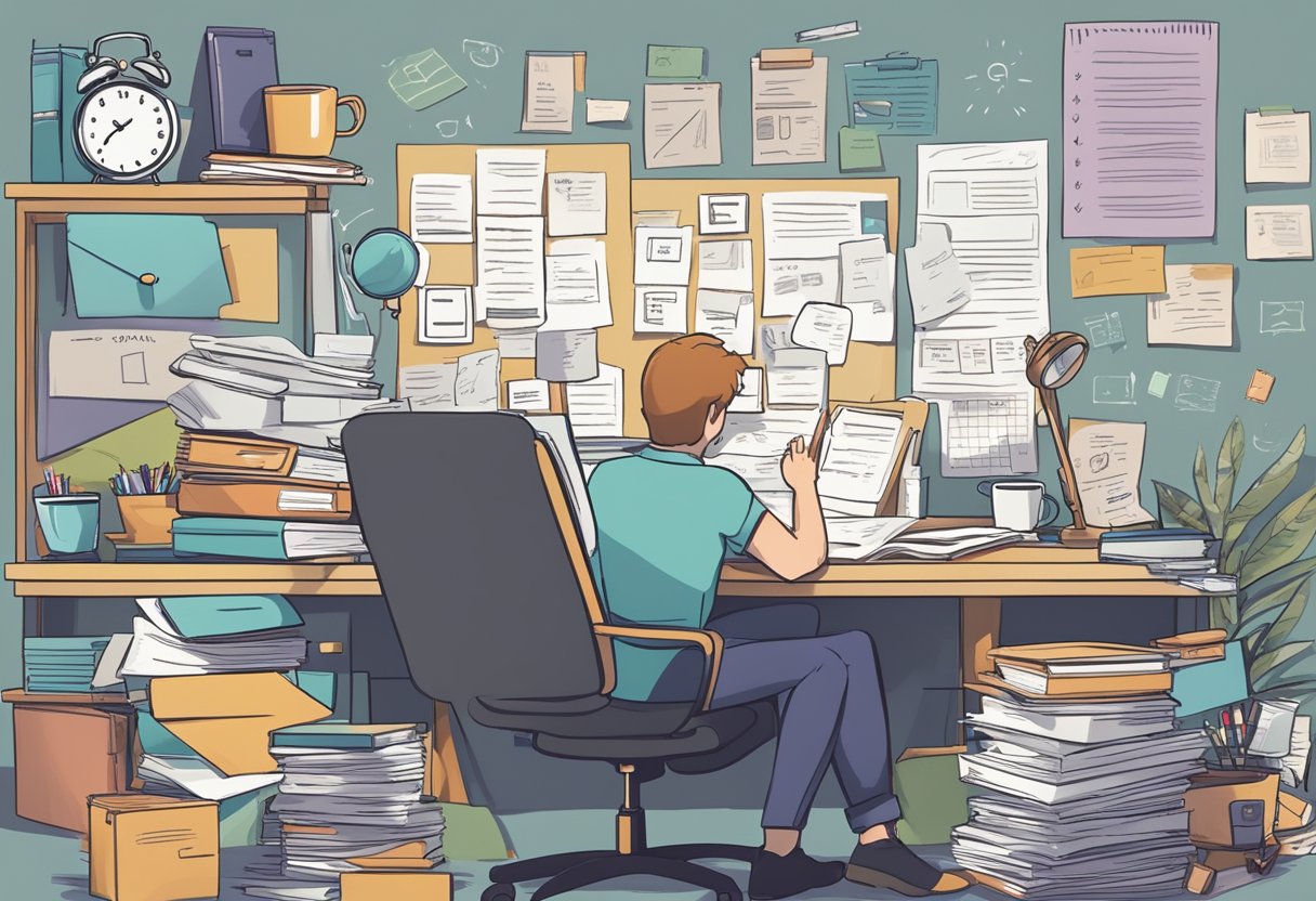 A cluttered desk with unfinished tasks, a clock ticking, and a person sitting with a determined expression, surrounded by motivational quotes and a to-do list