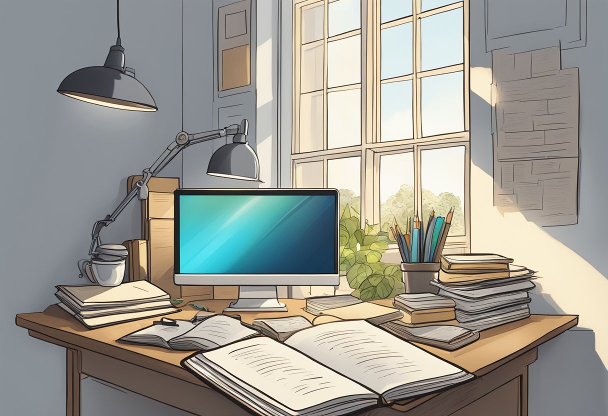 A cluttered desk with unfinished tasks, a clock ticking, and a ray of sunlight breaking through the window onto a book titled "Understanding Procrastination."