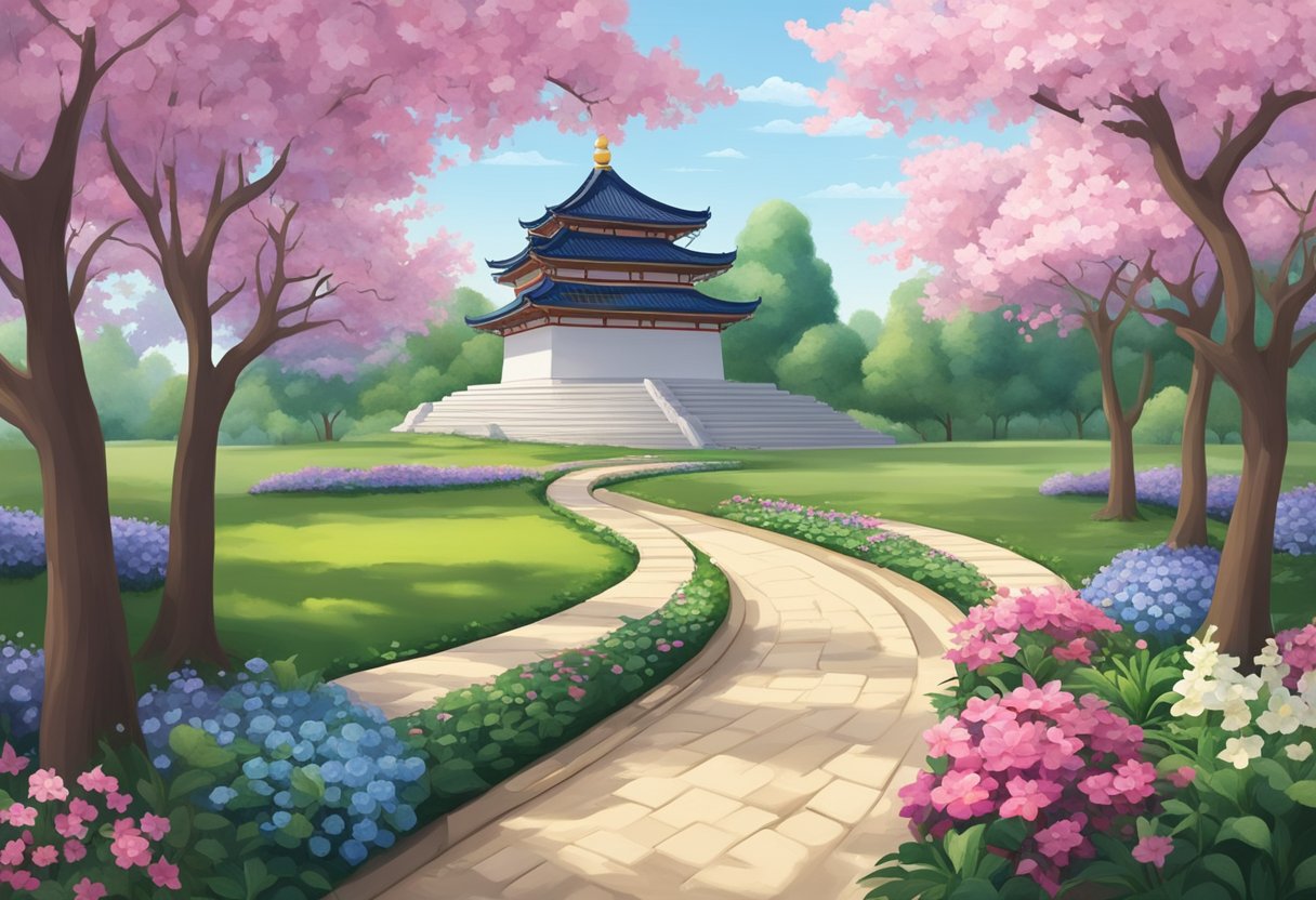 A serene garden with a path leading to a peaceful temple, surrounded by blooming flowers and lush greenery, symbolizing the journey of overcoming procrastination and laziness through spiritual diligence