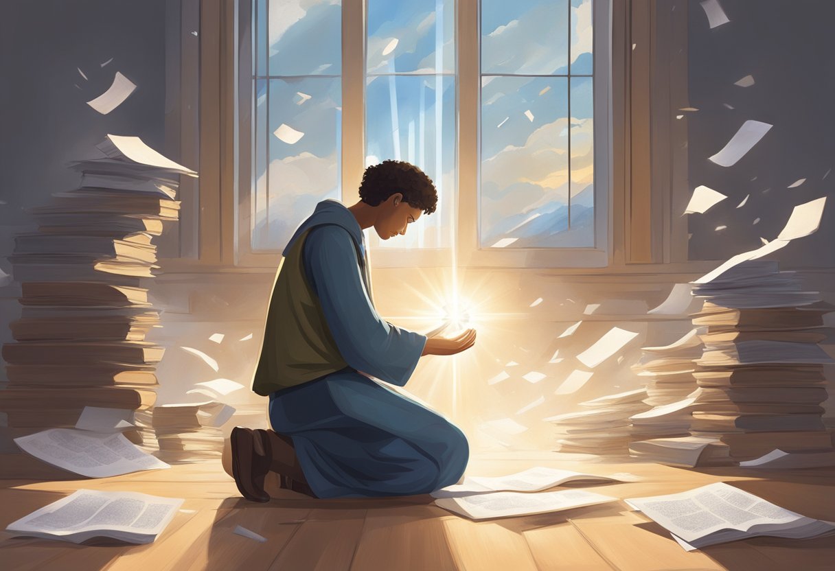 A serene figure kneels in prayer, surrounded by scattered papers and a ticking clock. A beam of light breaks through the window, illuminating the figure in a moment of faith and determination