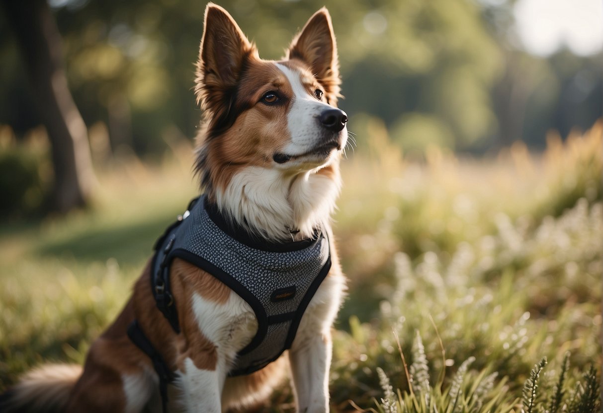 A dog wearing a vest with sensors interacts with a group of diverse animals in a peaceful, natural setting